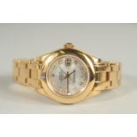 A SUPERB 18K GOLD LADIES DIAMOND SET ROLEX OYSTER PERPETUAL PEARLMASTER WATCH, "DATE JUST" COMPLETE