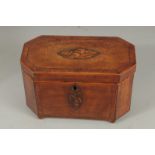 A GEORGE III MAHOGANY SHELL INLAID TEA CADDY 9ins long.