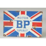 A B.P. BLUE AND WHITE ENAMEL SIGN 8ins x 12ins.