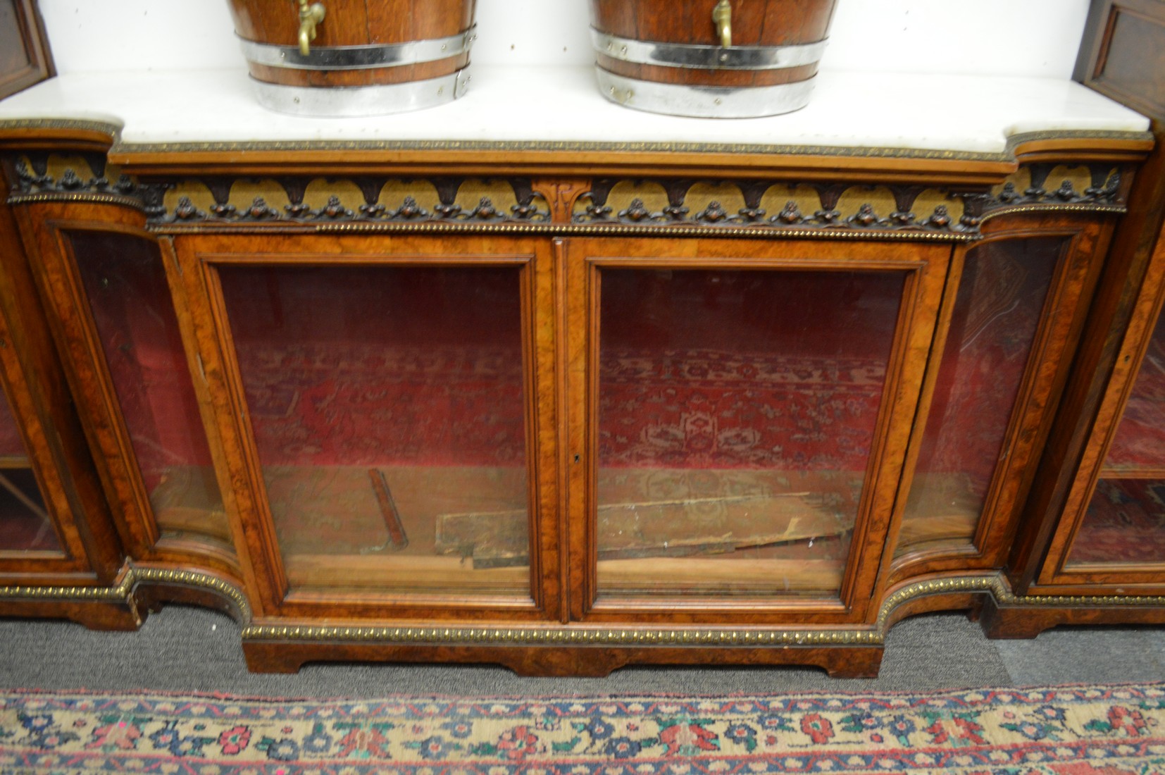 A GOOD GILLOW MODEL BURR WOOD WALNUT AND MARBLE SECTIONAL SIDE CABINE with ormolu mounts, 8ft 7ins - Image 4 of 5