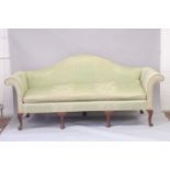 A LARGE MAHOGANY CAMEL BACK SOFA on claw and ball feet. 8ft long.