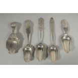 FIVE VARIOUS SILVER CADDY SPOONS.