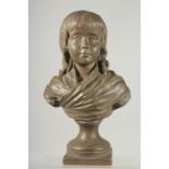 HOUDON A GOOD TERRA COTTA BUST OF A YOUNG GIRL. Signed, 12.5ins high.