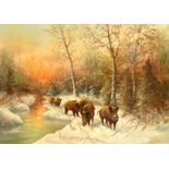 W. VON KAMP (20Century) German School Wild boar gathered along the edge of a stream in a snowy