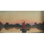 English School, A pair of river scenes with a sailing boat and sunset beyond, watercolours both
