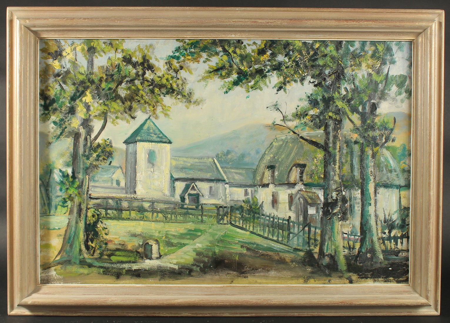 Early 20th Century, A group of buildings, a house next door to a church, oil on board, 20" x 30", (