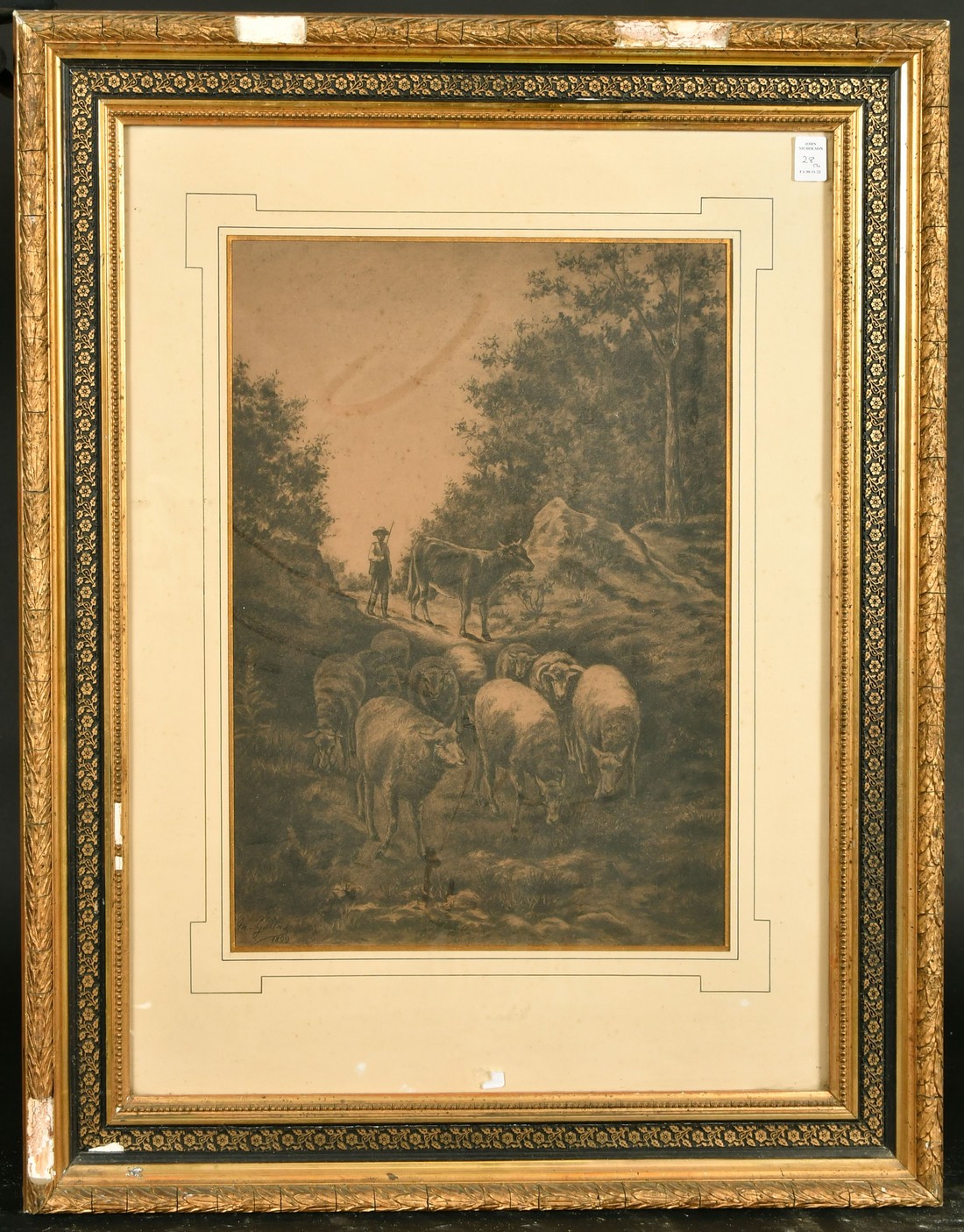 M. Galbois, French, Circa 1899, a pair pf charcoal scenes, one of sheep the other of cattle, - Image 4 of 5