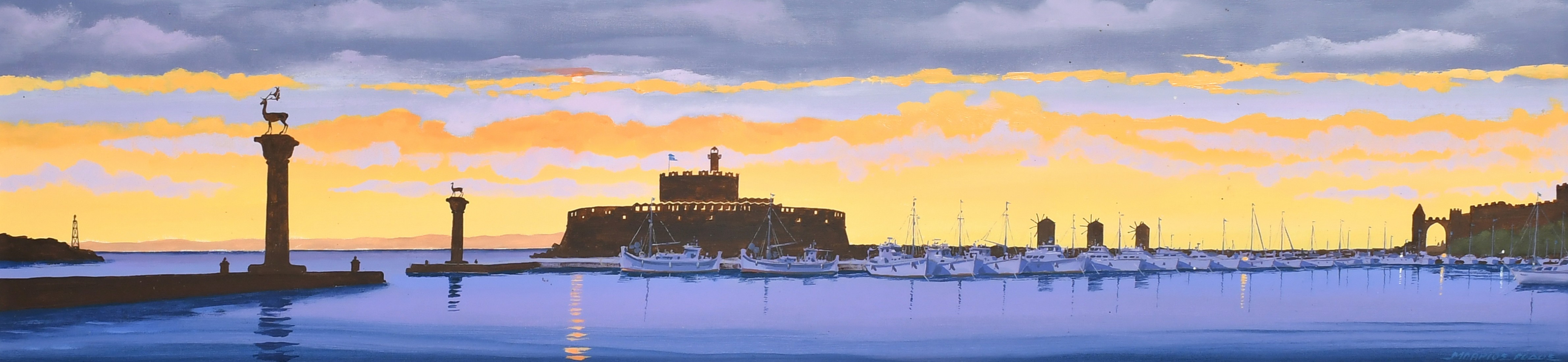 Greek School (20th/ 21st Century), The harbour, Rhodes at sunset, oil on canvas, signed, 7.75" x