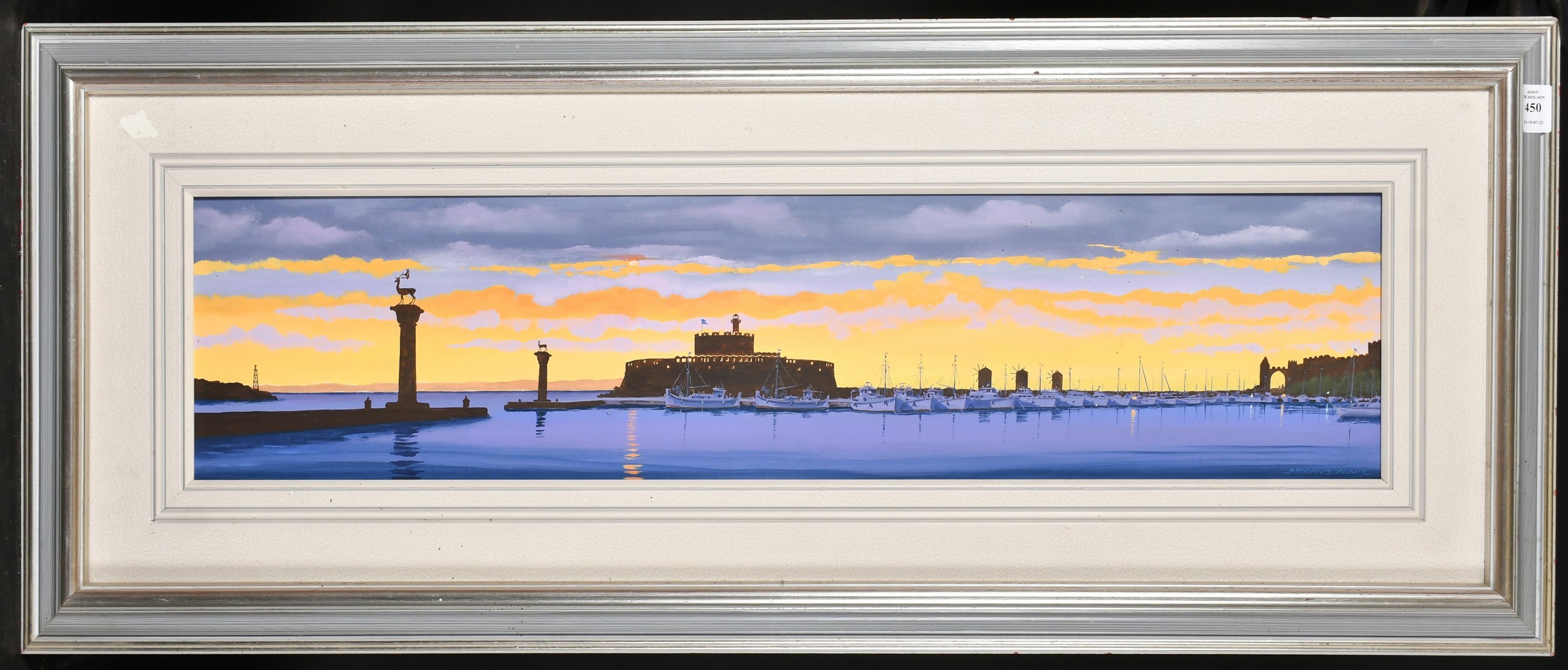 Greek School (20th/ 21st Century), The harbour, Rhodes at sunset, oil on canvas, signed, 7.75" x - Image 2 of 4
