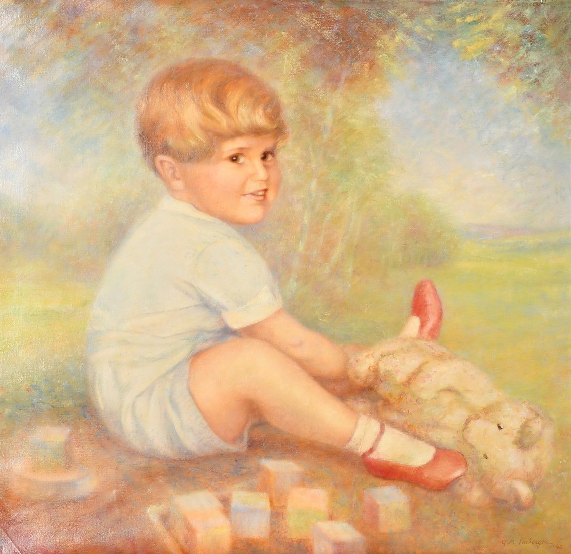 G.M. Imberger, Portrait of a young boy with his teddy bear, oil on canvas, signed and dated 1942,