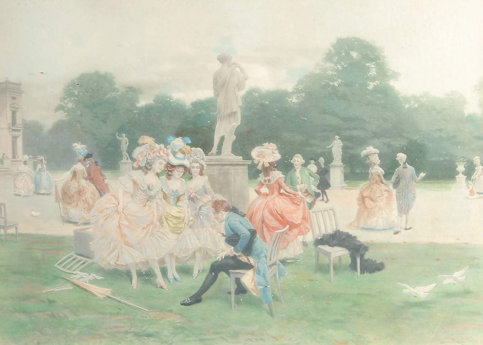 After Lucius Rossi, A chromo lithograph print, Ladies and gentlemen gathered in a garden with marble