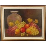 20th Century, A still life of mixed fruit with an urn, oil on canvas, indistinctly signed, 18" x
