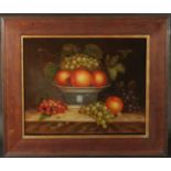20th Century, A still life of apples and grapes on a ledge, oil on panel, 16" x 20", (40.5x51cm).