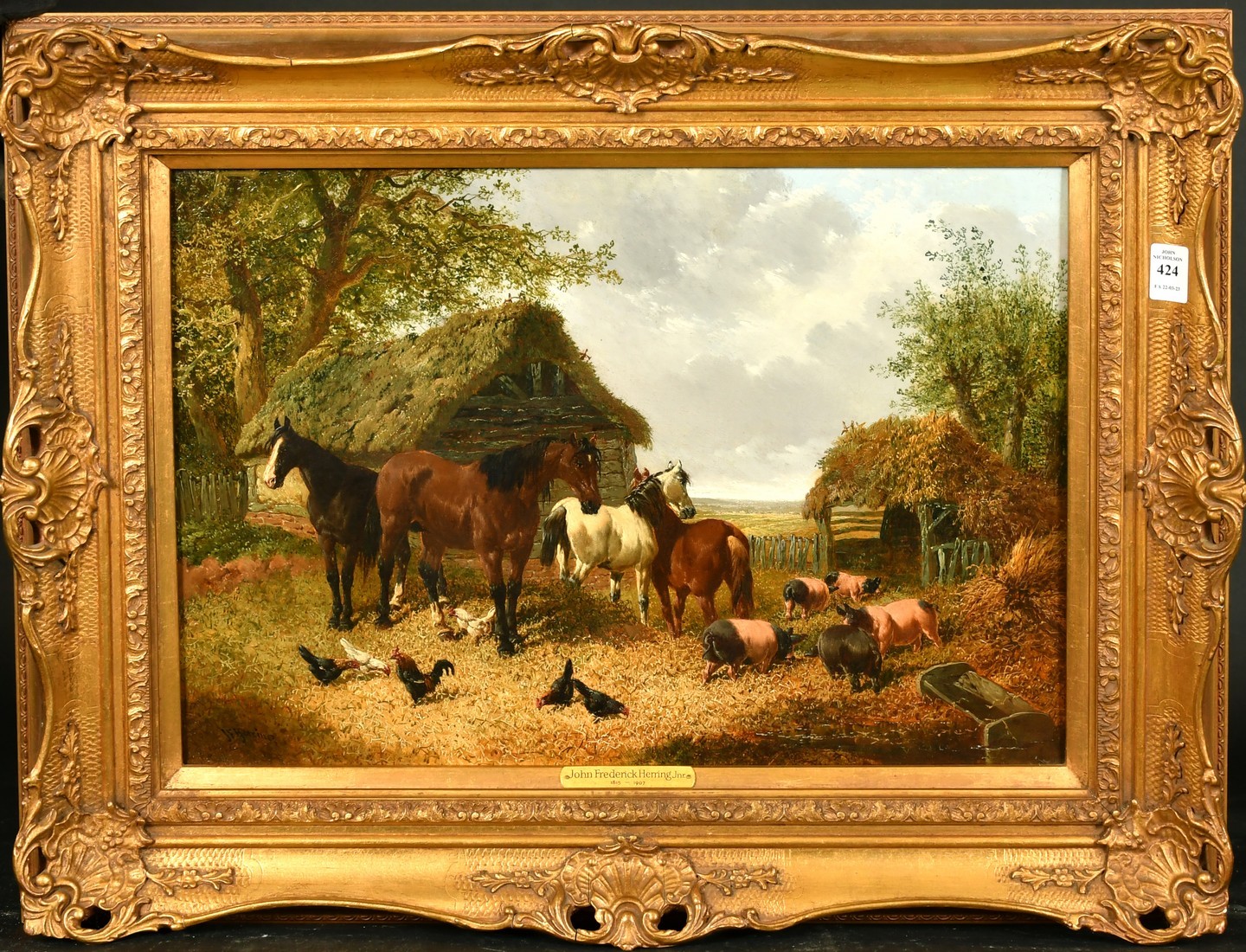 John Frederick Herring Junior (1815-1907) British, horses, pigs and chickens in a farm, oil on - Image 2 of 4