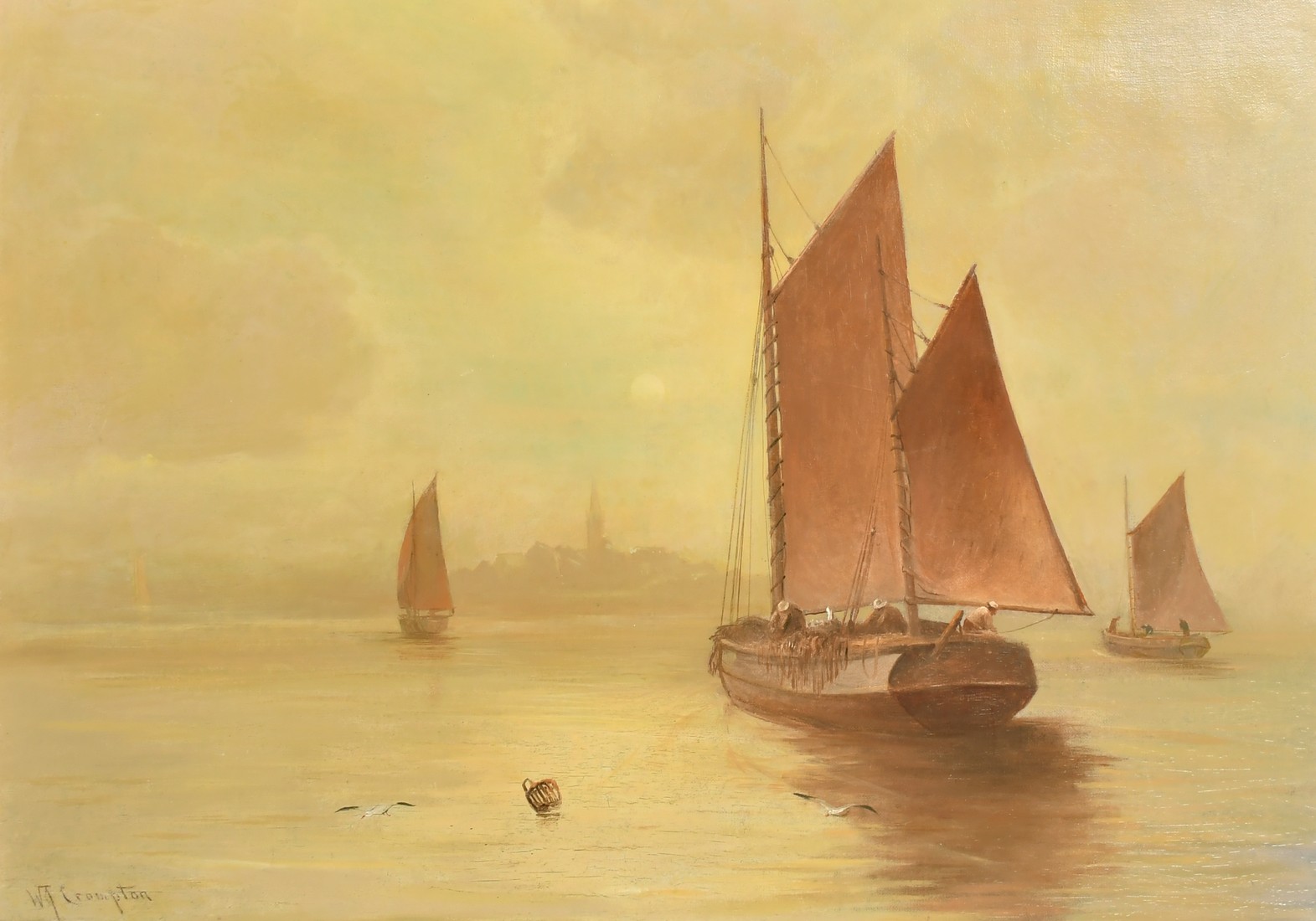 W.T. Crompton, Sailing boats at dawn, oil on canvas, signed, 20" x 30", (51x76cm).