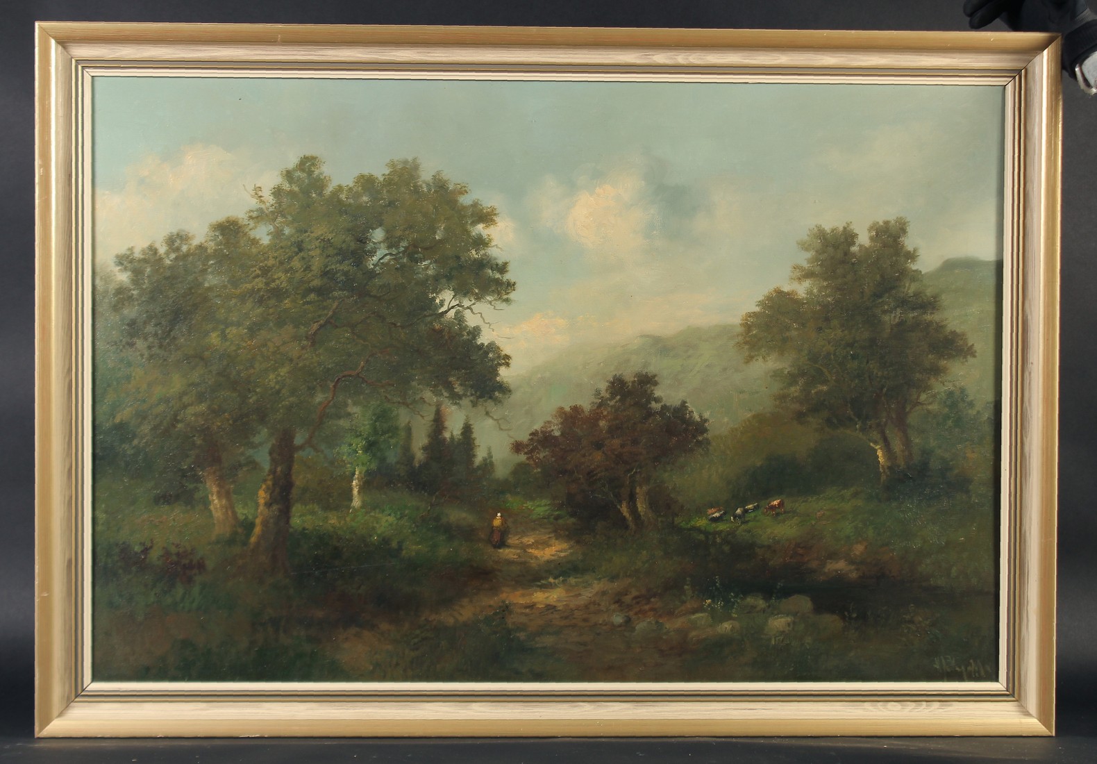 Early 20th Century Continental School, a figure on a hillside pathway near cows, oil on canvas, - Image 2 of 4