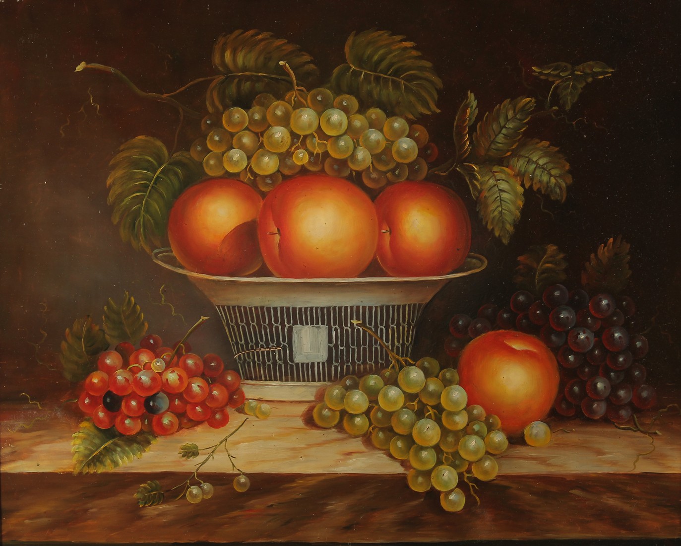20th Century, A still life of apples and grapes on a ledge, oil on panel, 16" x 20", (40.5x51cm). - Image 2 of 3