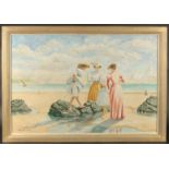 Michael Wood (20th Century), Female figures and a child near a rock pool on a sandy beach, ships out