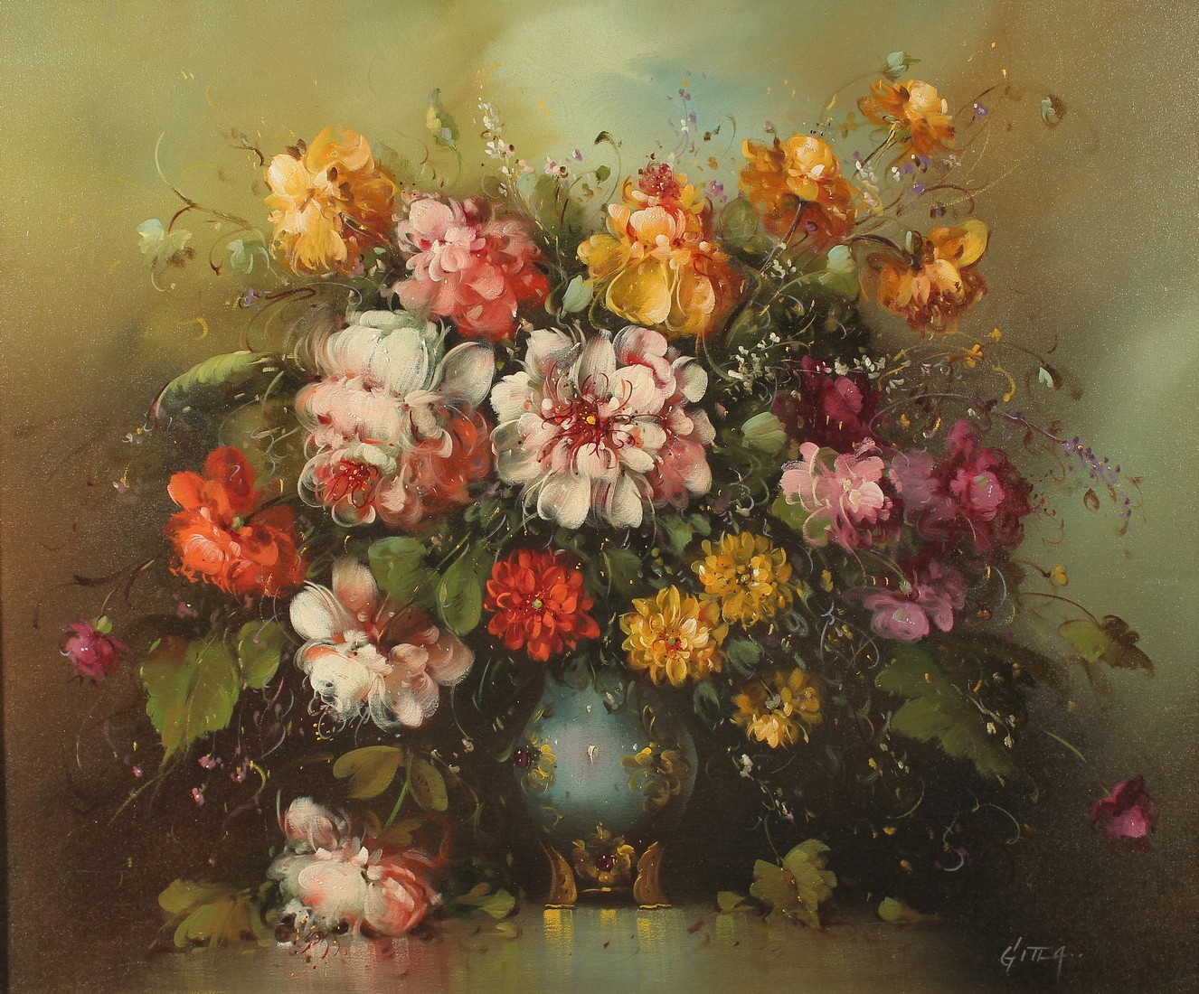 G. Itla (20th Century), A still life of mixed flowers in a vase, oil on canvas, signed, 20" x - Image 2 of 4