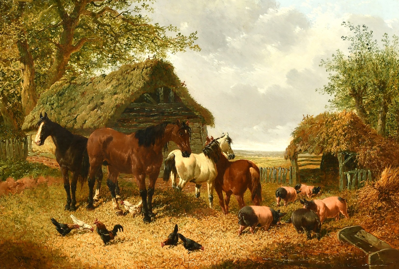 John Frederick Herring Junior (1815-1907) British, horses, pigs and chickens in a farm, oil on