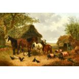 John Frederick Herring Junior (1815-1907) British, horses, pigs and chickens in a farm, oil on