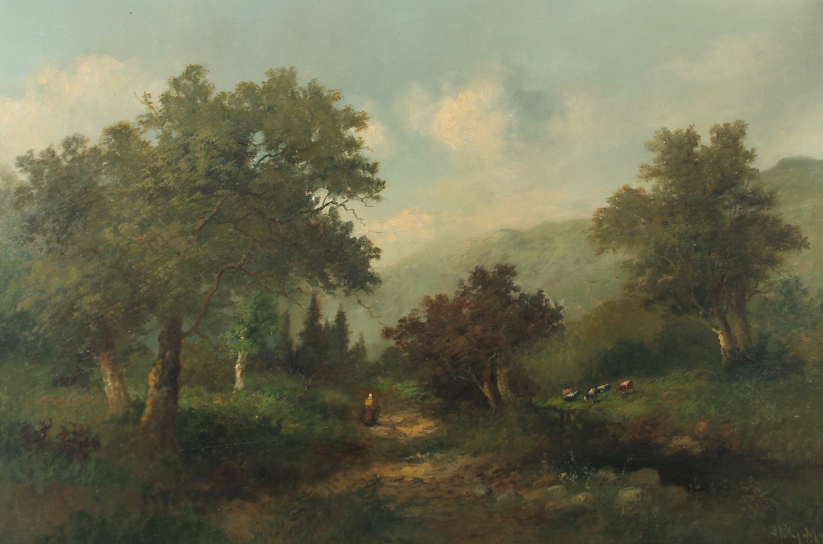 Early 20th Century Continental School, a figure on a hillside pathway near cows, oil on canvas,