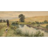 Circle of Frank Gresley, a traveler and his dog on a riverside path,watercolour, 6" x 11", (15x28cm)