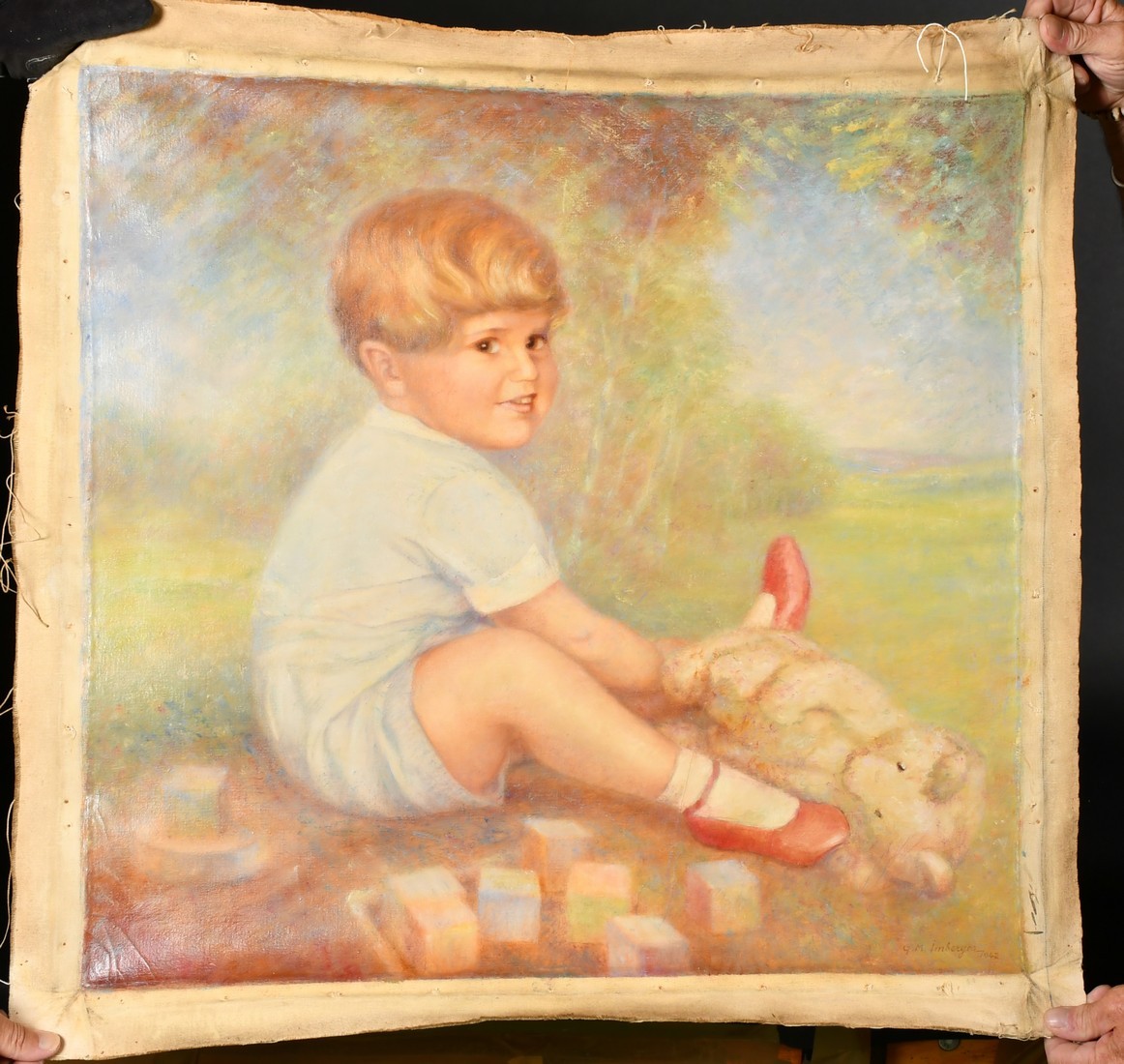 G.M. Imberger, Portrait of a young boy with his teddy bear, oil on canvas, signed and dated 1942, - Image 2 of 4