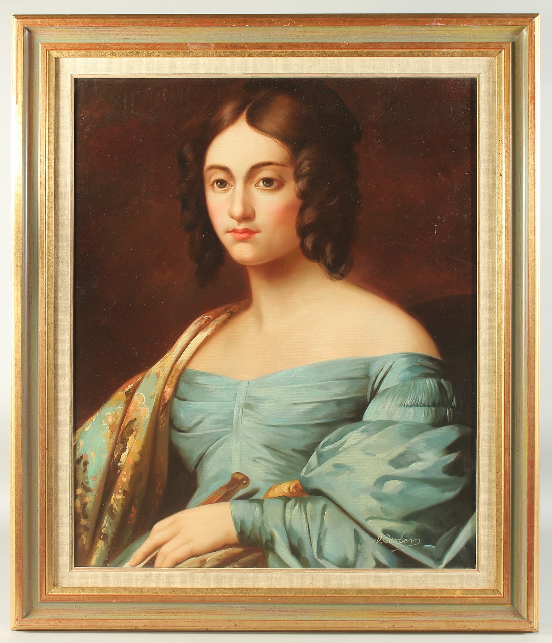 A 20th Century Portrait of a lady wearing a turquoise coloured off the shoulder dress and holding - Image 2 of 4