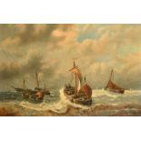 A. Musin, Circa 1868, a pair of oil on canvas scenes of leeboard sailboats on rolling seas near