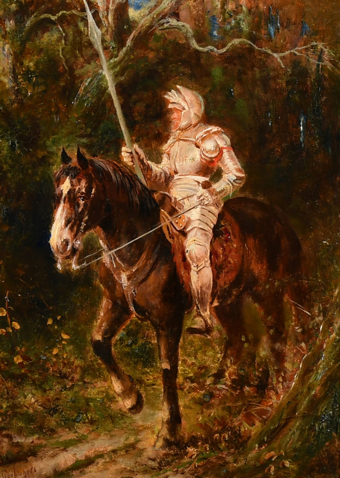 Late 19th Century Continental School, A Knight in armour on his horse, oil on board, indistinctly