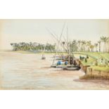 Circle of John Varley Jnr, Views on the Nile, watercolours, both inscribed in pencil and dated 1905,