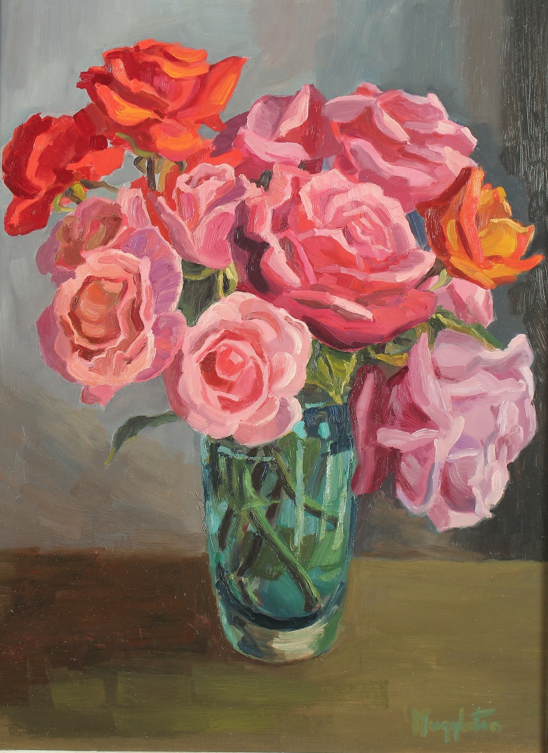 Muggleton (20th Century), A still life of pink and orange roses in a blue glass vase, oil on - Image 2 of 4