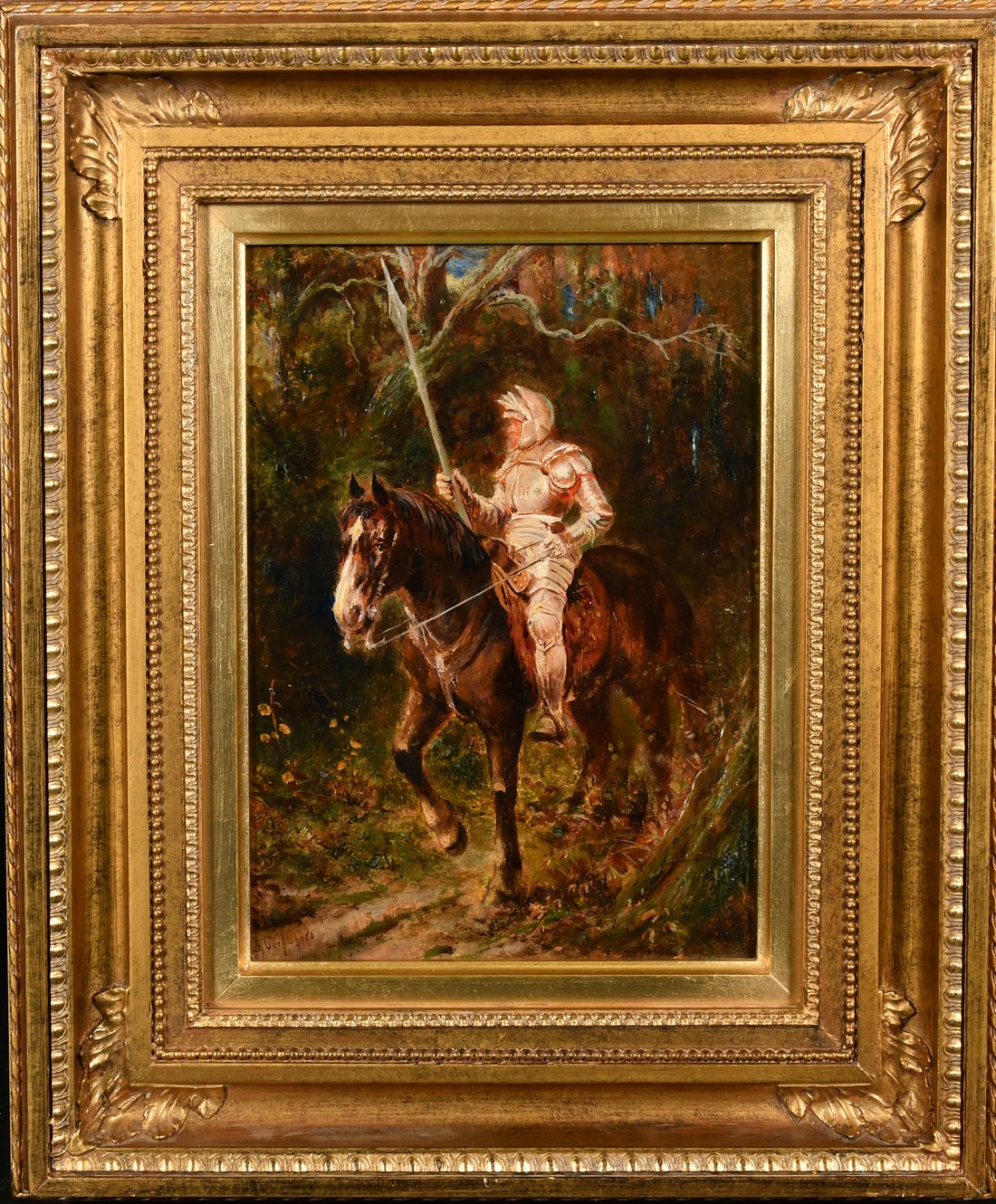 Late 19th Century Continental School, A Knight in armour on his horse, oil on board, indistinctly - Image 2 of 4