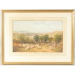 A print, a landscape view with sheep, shepherd and sheep dog resting, Near Holmbury, Dorking,