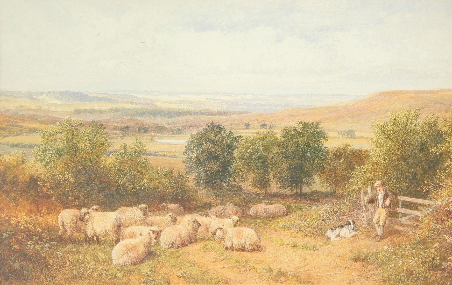 A print, a landscape view with sheep, shepherd and sheep dog resting, Near Holmbury, Dorking, - Image 2 of 4