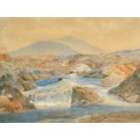 An early 20th Century scene of a figure on a stone bridge over a mountain river, watercolour,