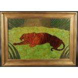 Anne Dunbar Graham (20th Century) A Tiger in a landscape, mixed media including shellac on board,