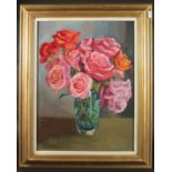 Muggleton (20th Century), A still life of pink and orange roses in a blue glass vase, oil on