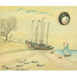 Mid-20th Century, Sailing boats on a beach, watercolour and gouache, initialled F.R, 9.5" x 11.