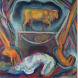 P. Simpson (20th Century) A colourful abstract with a bull ornament, oil on canvas, signed and dated