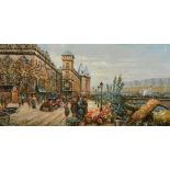 20th Century, A busy street scene with figures and a flower market, oil on panel, indistinctly