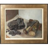 Townsend (20th Century) A still life of wood and charcoal with a hammer, oil on canvas, signed on