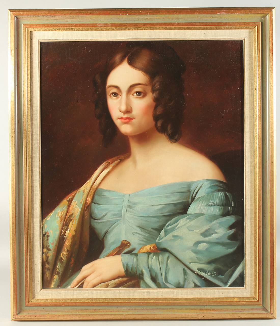 A 20th Century Portrait of a lady wearing a turquoise coloured off the shoulder dress and holding