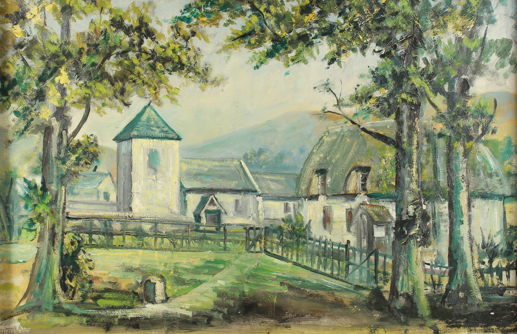 Early 20th Century, A group of buildings, a house next door to a church, oil on board, 20" x 30", ( - Image 2 of 3