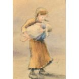 Circle of William Conor, A young girl holding a baby, watercolour, 6.5" x 4.5", (16.5x11cm).