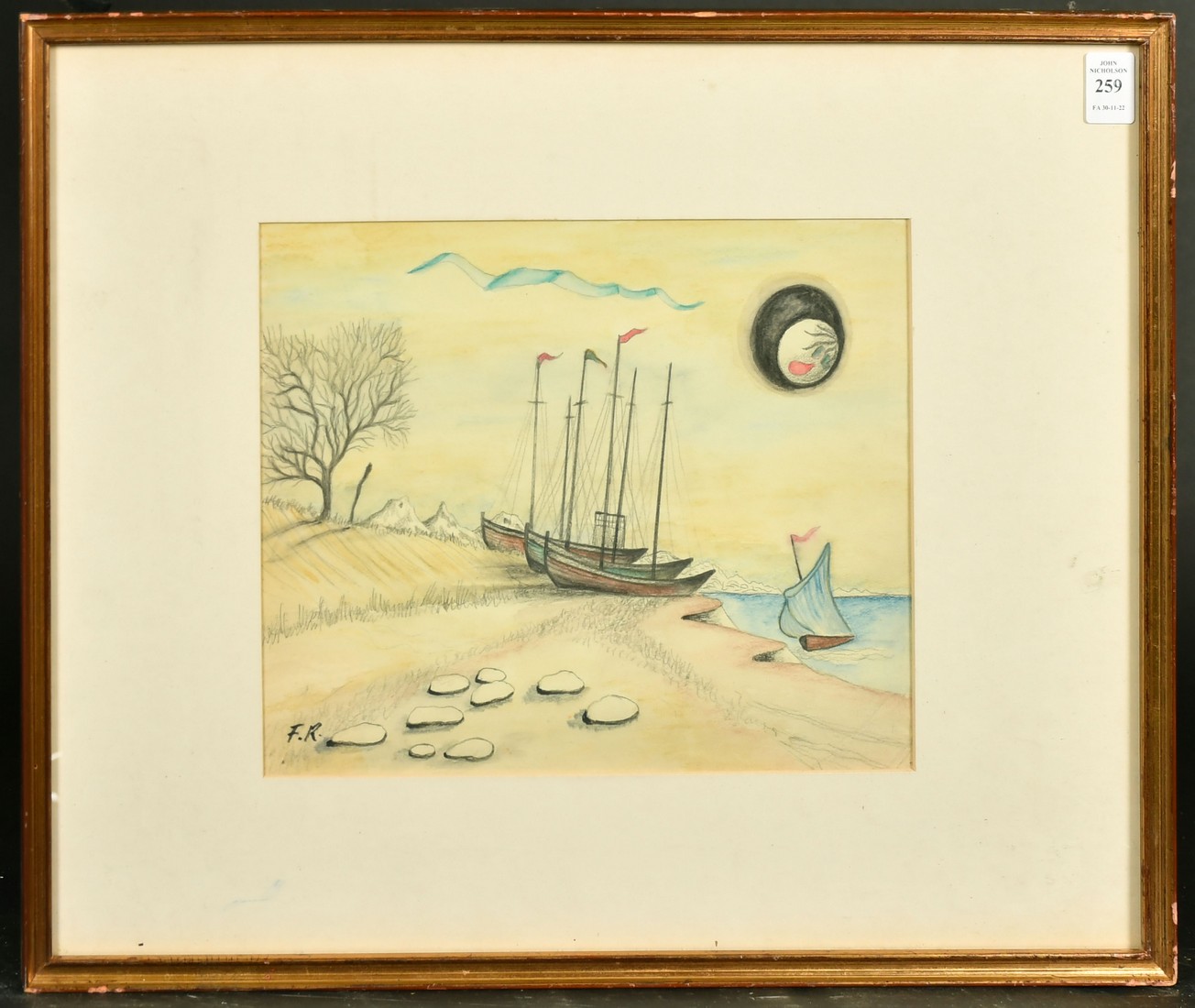 Mid-20th Century, Sailing boats on a beach, watercolour and gouache, initialled F.R, 9.5" x 11. - Image 2 of 4