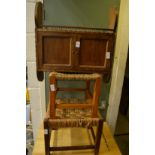 Oak hanging cupboard and two stools.