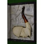 A large figural Meerschaum pipe, boxed.