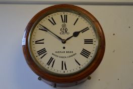 A George V mahogany circular wall clock with fusee movement, the 12 inch dial signed Ingram Bros,